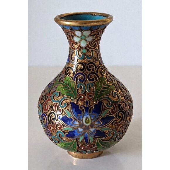 Vintage Enamel Cloisonne Miniature Vase Champleve Technique Floral Bronze 3 In - Picture 3 of 8